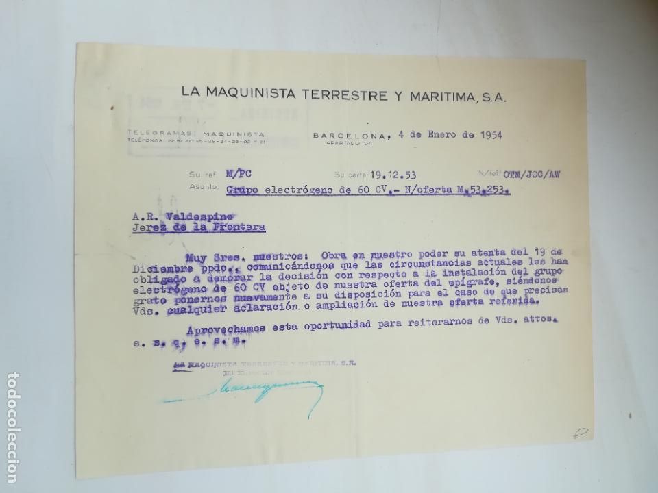 Old Documents: CARTA COMERCIAL. LA MAQUINISTA TERRESTRE Y MAR&Iacute;TIMA S.A. 1954. BARCELONA.