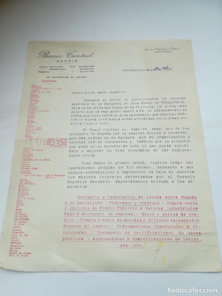 Old Documents: CIRCULAR. BANCO CENTRAL. VALLADOLID 1936. OFRECIMIENTO DE SERVICIOS. VER