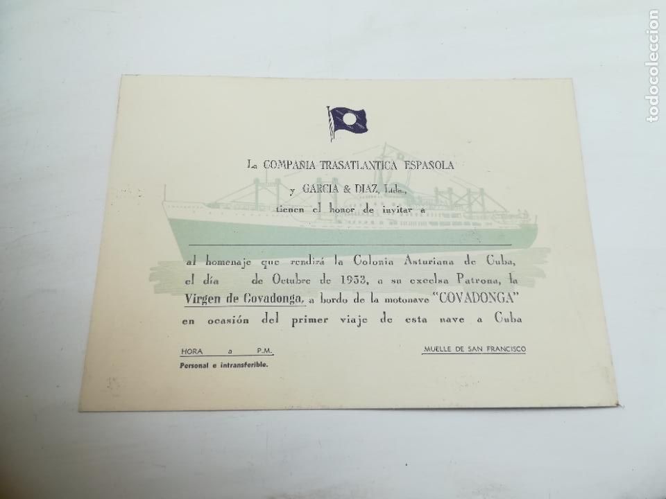 Old Documents: INVITACI&Oacute;N. CIA TRASATL&Aacute;NTICA ESPA&Ntilde;OLA Y GARC&Iacute;A & DIAZ. 1953. PRIMER VIAJE A CUBA. D&Iacute;A DE COVADONGA