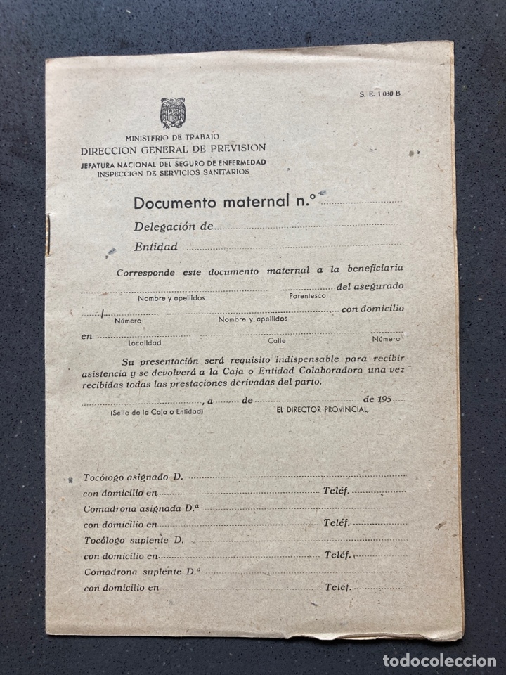 Documentos antiguos: Cartilla Documento maternal. Direcci&oacute;n General de Previsi&oacute;n 1950 - Foto 1
