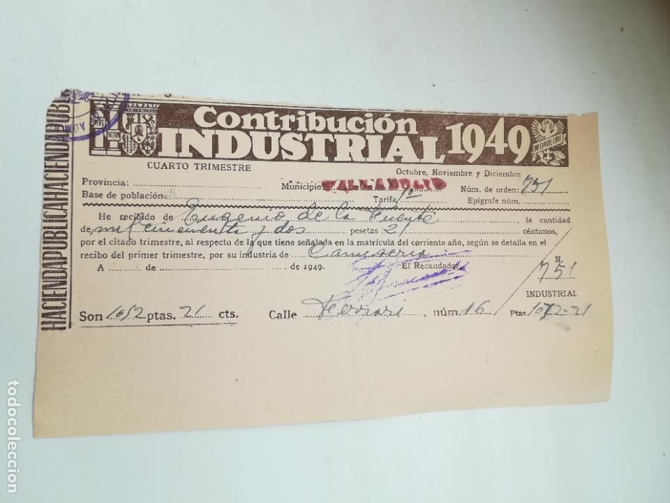 Documentos antigos: CONTRIBUCCI&Oacute;N INDUSTRIAL 1949. VALLADOLID. RECIB&Iacute; DE PAGO. VER