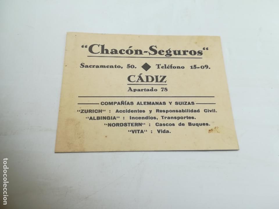 Documentos antigos: TARJETA DE VISITA. CHACON-SEGUROS. CADIZ. COMPA&Ntilde;IAS ALEMANAS Y SUIZAS.
