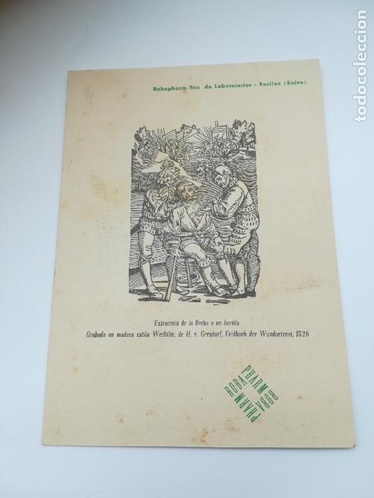 Documents Anciens: TARJETA PUBLICIDAD FARMACIA. ROBAPHARM. BASILEA, SUIZA. IMAGEN EXTRACCI&Oacute;N FLECHA A UN HERIDO. VER