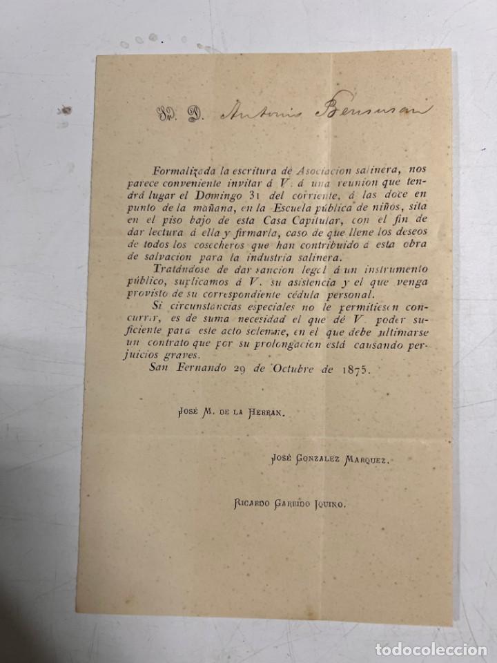 Alte Dokumente: SAN FERNANDO, 1875. ASOCIACI&Oacute;N SALINERA. SAL. INVITACION A REUNION