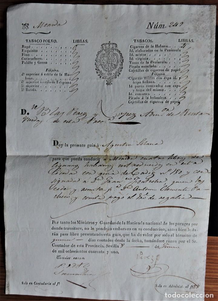 Documentos antiguos: PERMISO DE CONDUCCI&Oacute;N TABACO CIGARROS PUROS SEVILLA 1841