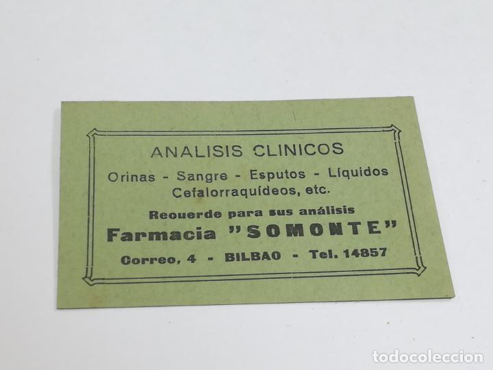Documents Anciens: TARJETA DE VISITA. PUBLICIDAD. ANALISIS CLINICOS. FARMACIA SOMONTE. BILBAO. VER DORSO