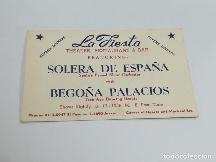 Documents Anciens: TARJETA DE VISITA. PUBLICIDAD. LA FIESTA. TEATRO, RESTAURANTE & BAR. EL PASO, JUAREZ. VER
