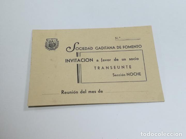Documents Anciens: TARJETA. INVITACION A FAVOR DE SOCIO. TRANSEUNTE. NOCHE. SOCIEDAD GADITANA DE FOMENTO