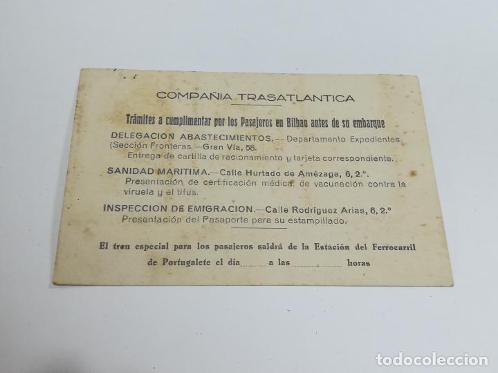 Documents Anciens: TARJETA DE VISITA . PUBLICIDAD. COMPA&Ntilde;&Iacute;A TRASATL&Aacute;NTICA. TRAMITES PASAJEROS BILBAO ANTE EMBARCAR.