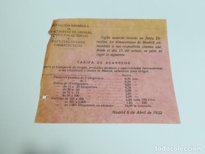 Documents Anciens: TARIFA DE ACARREOS. 1922. ASOCIACION ESPA&Ntilde;OLA ALMACENISTAS DE DROGAS, QU&Iacute;MICOS Y FARMACIA. MADRID