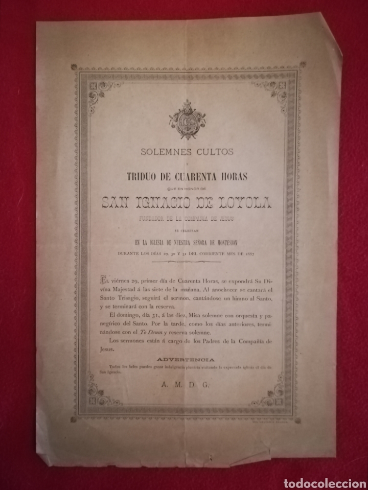 Documentos antiguos: TRIDUO 40 HORAS A SAN IGNACIO DE LOYOLA - NTRA. SRA. MONTESION, PALMA (MALLORCA) - PJRB