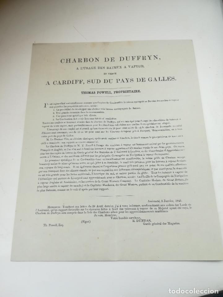 Documents Anciens: PUBLICIDAD. CHARBON DE DUFFRYN A L'USAGE DES BATEAUX A VAPEUR EN VENTE A CARDIFF, SUD DU GALLES. VER
