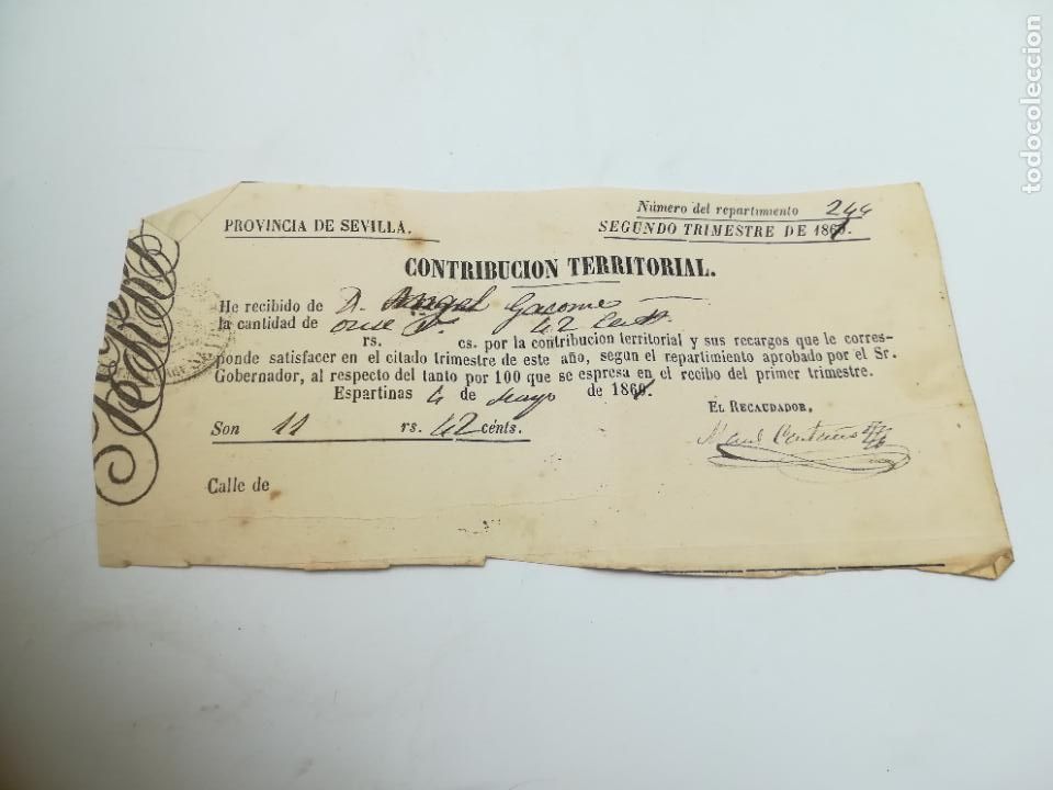 Documents Anciens: SEVILLA. RECIB&Iacute; DE PAGO DE CONTRIBUCI&Oacute;N. 1861. ESPARTINAS. VER