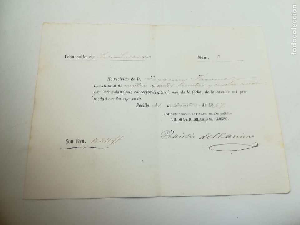 Documents Anciens: SEVILLA. RECIBI DE ARRENDAMIENTO DE CASA. VIUDA DE D.HILARIO M.ALONSO. SEVILLA. 1867