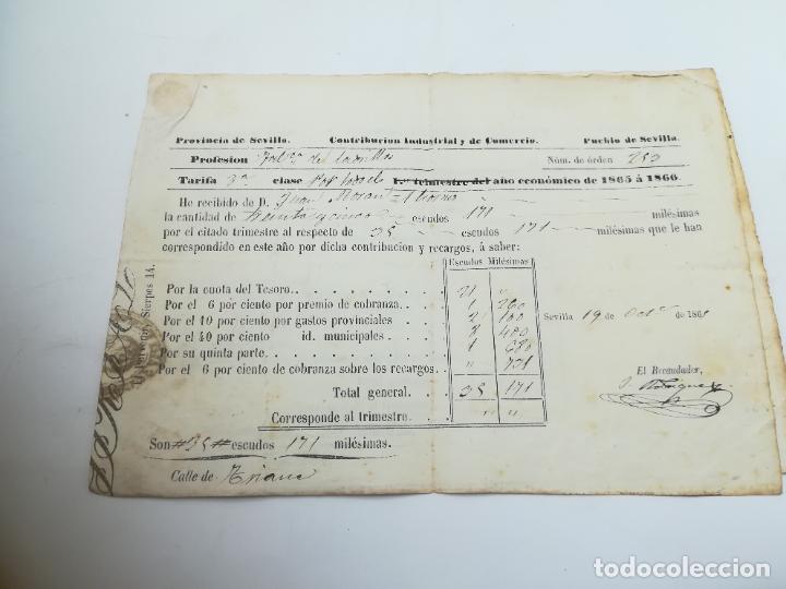 Documents Anciens: SEVILLA. RECIB&Iacute; DE PAGO DE TRIMESTRE. CONTRIBUCI&Oacute;N INDUSTRIAL Y DE COMERCIO. 1865-1866. VER