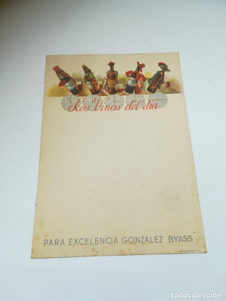 Documents Anciens: TARJETA / CARTA PUBLICITARIA. LOS VINOS DEL DIA. PARA EXCELENCIA GONZALEZ BYASS. MEDIA CUARTILLA