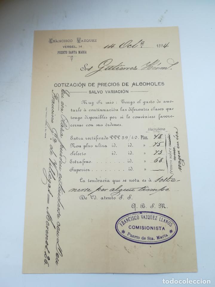 Documents Anciens: COTIZACI&Oacute;N DE PRECIOS DE ALCOHOLES. FRANCISCO VAZQUEZ. PTO STA MAR&Iacute;A. 1894. VER