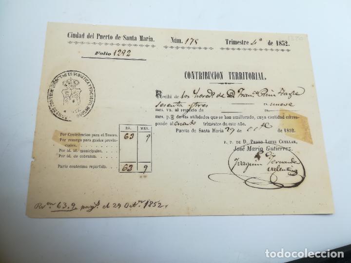 Documents Anciens: CIUDAD DEL PUERTO DE SANTA MARIA. 1852. CONTRIBUCCION TERRITORIAL. RECIB&Iacute; DE PAGO