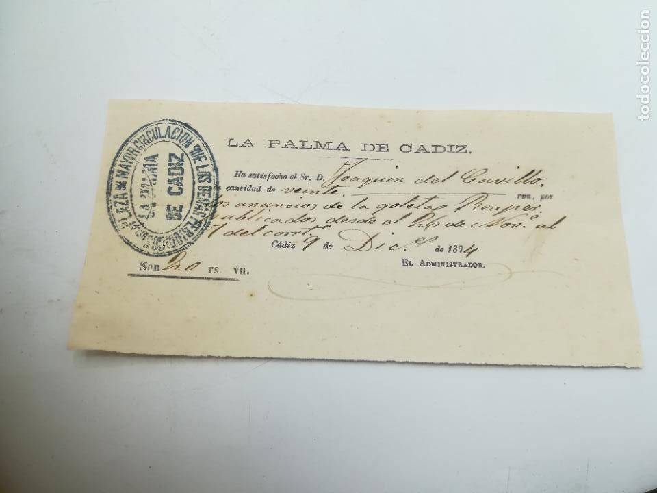 Documents Anciens: RECIB&Iacute; POR ANUNCIOS DE GOLETAS REAPER. LA PALMA DE CADIZ. 1874. CADIZ.