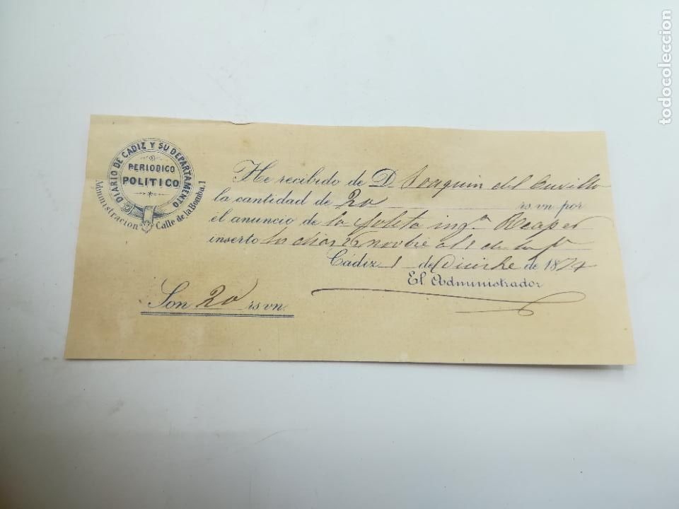 Documents Anciens: RECIB&Iacute; POR ANUNCIOS DE GOLETAS REAPER. DIARIO DE CADIZ Y SU DEPARTAMENTO. CADIZ 1874