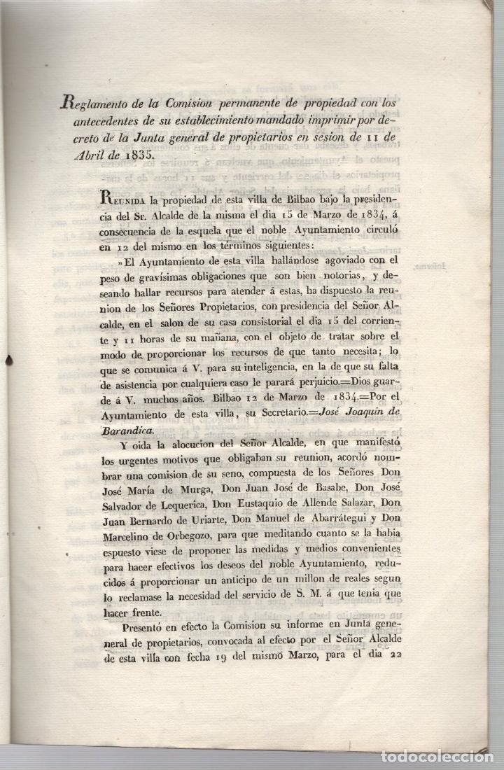 Documentos antiguos: REGLAMENTO DE LA COMISION PERMANENTE DE LA PROPIEDAD DE BILBAO. 1835 - Foto 2