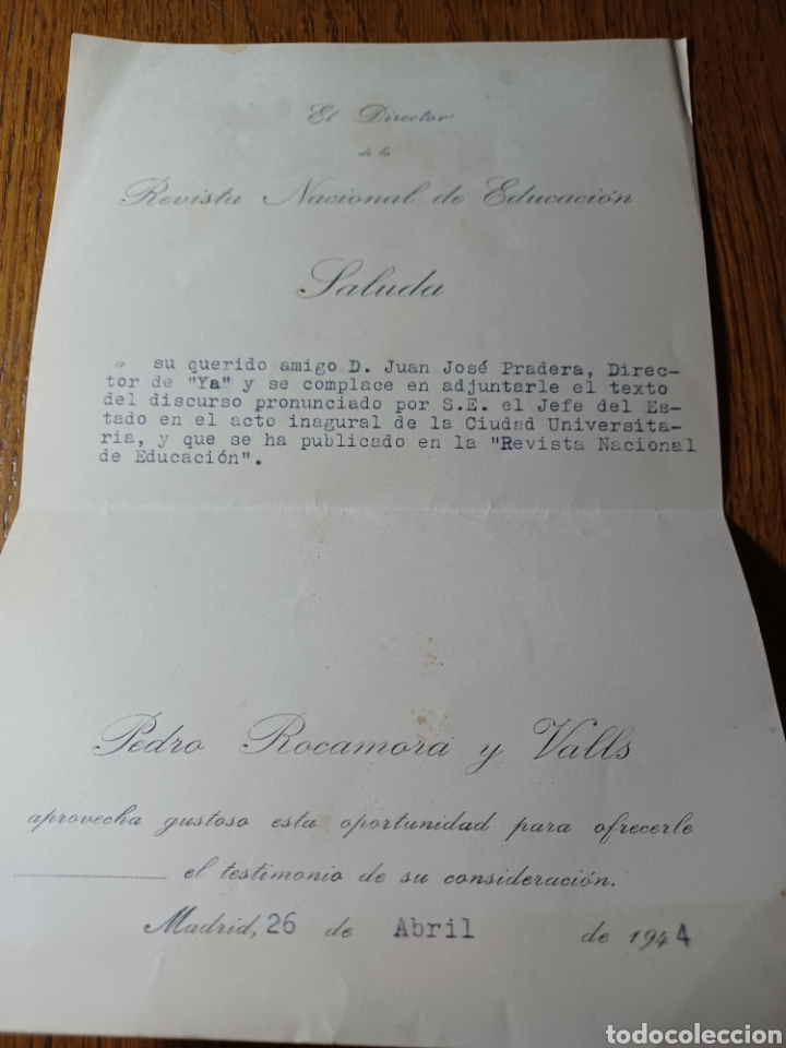 Documentos antiguos: DOCUMENTO DE LA REVISTA NACIONAL DE EDUCACION AL DIRECTOR DE YA . A&Ntilde;O 1944