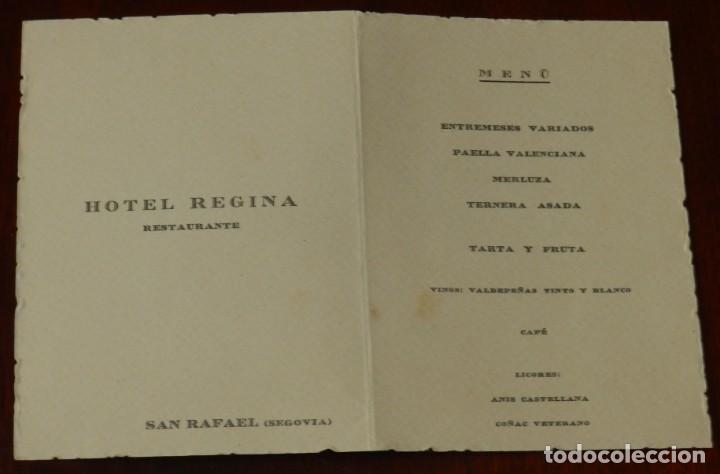Documentos antigos: MENU DEL HOTEL REGINA, SAN RAFAEL, SEGOVIA, SEPTIEMBRE DE 1957, MIDE 11 X 8 CMS.