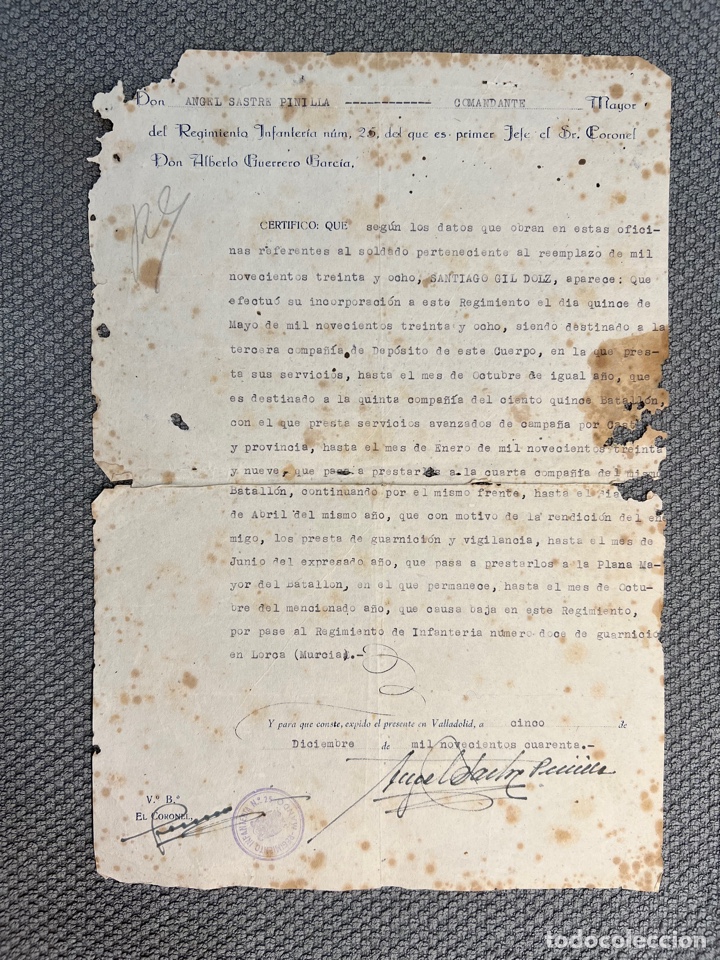 Documentos antiguos: GUERRA CIVIL VALLADOLID REGIMIENTO DE INFANTER&Iacute;A No.25, MANDO, hoja de servicios (a.1940)