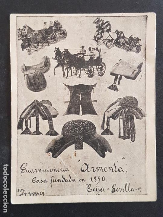 Documentos antiguos: ECIJA SEVILLA TARJETA PUBLICITARIA ANTIGUA GUARNICIONERIA ARMENTA CARROS CABALLOS ZAHONES ETC