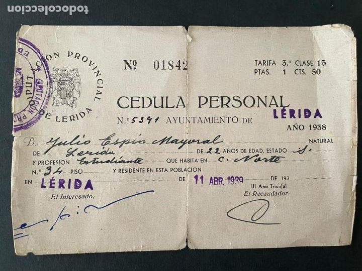 Documentos antiguos: CEDULA PERSONAL DEL AYUNTAMIENTO DE LERIDA - A&Ntilde;O 1939