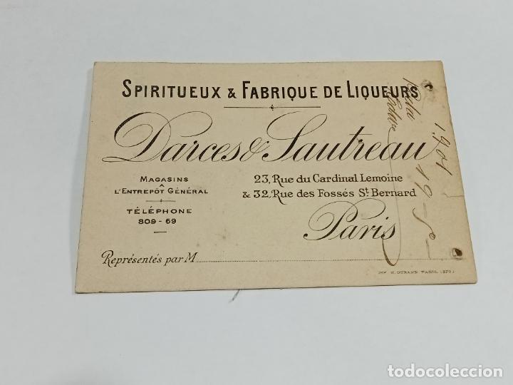 Documentos antigos: TARJETA. DARCES & SAUTREAU. PARIS. SPIRITUEUX & FABRIQUE DE LIQUEURS.