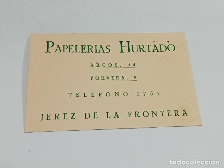 Documentos antigos: TARJETA. PAPELERIAS HURTADO. JEREZ DE LA FRONTERA. CON NOTA DE PRECIOS AL DORSO