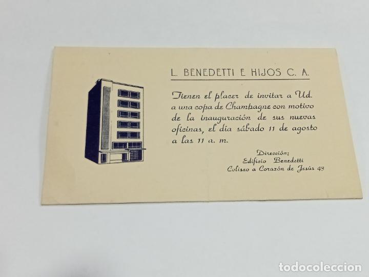 Documentos antigos: TARJETA SOBRE PUBLICITARIO. L.BENEDETTI E HIJOS C.A. INVITACI&Oacute;N A COPA DE CHAMPAN POR INAUGURACION