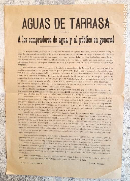 Documentos antiguos: 1842/934 ca. AGUAS DE TARRASA A Compradores de Agua y al P&uacute;blico en General - Suspensi&oacute;n Suministros