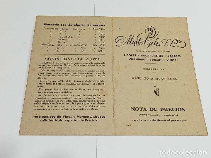 Documenti antichi: NOTA DE PRECIOS. FABRICAS DE LICORES, ESPUMOSOS MUST&Eacute;-GILI. AGOSTO 1945. REUS. TRIPTICO