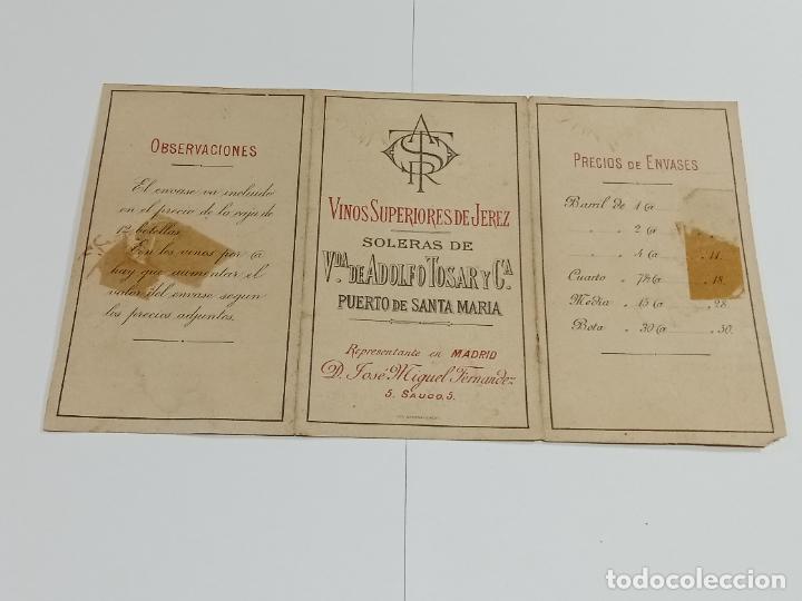 Documentos antigos: NOTA DE PRECIOS. VIUDA DE ADOLFO TOSAR Y C&ordf;. PUERTO DE SANTA MARIA. TR&Iacute;PTICO. VER
