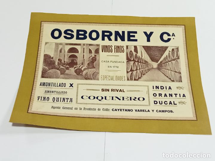 Documentos antigos: PUBLICIDAD. FINO COQUIN. AL DORSO OSBORNE Y C&ordf;. PUERTO DE SANTA MARIA. 25 X 18CM
