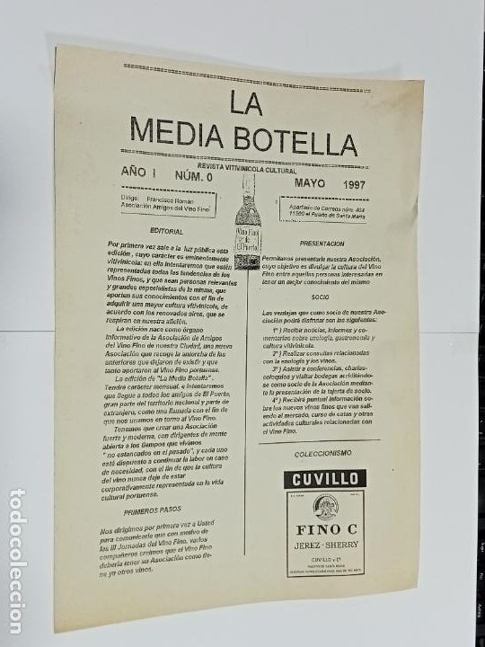 Documentos antigos: LA MEDIA BOTELLA. REVISTA VITIVINICOLA. A&Ntilde;O I. N&ordm; 0. MAYO 1997. PUERTO DE SANTA MARIA. UNA HOJA. VER