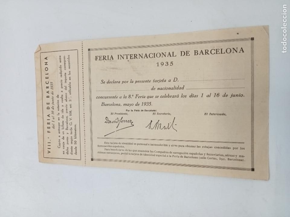 Documentos antigos: FERIA INTERNACIONAL DE BARCELONA 1935. TARJETA DE CONCURRENTE A LA FERIA. VER