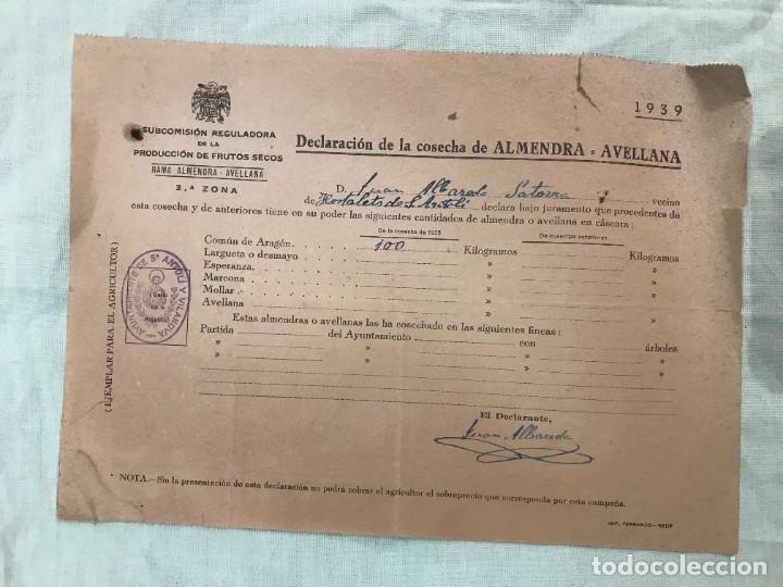 Documentos antiguos: DECLARACION DE COSECHA DE ALMENDRA A&Ntilde;O 1939 - SELLO AYUNTAMIENTO SANT ANTOLI Y VILANOVA (LERIDA)