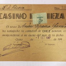 Documentos antiguos: CUOTA CASINO DE CIEZA (MURCIA) 1947 VIÑETA CUOTA DE FALANGE CALLE PRIMO DE RIVERA. IMPRENTA ORTEGA