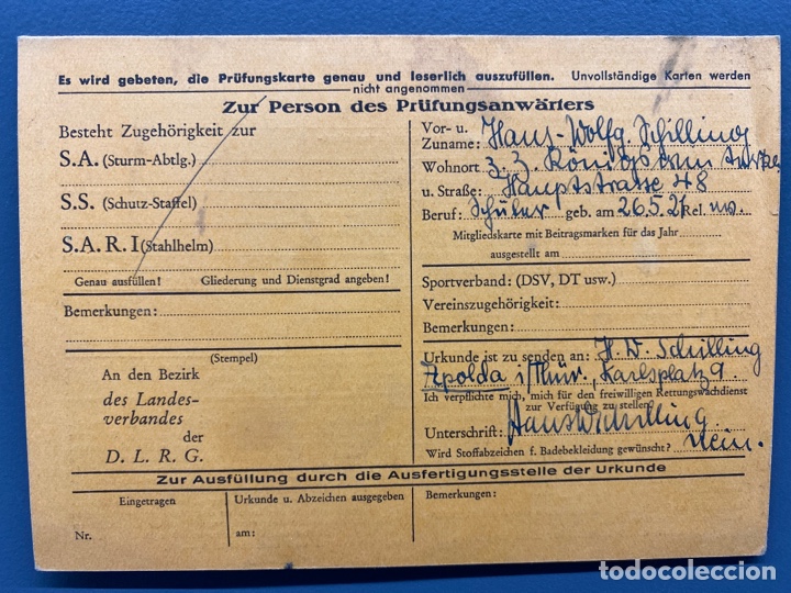 Documentos antiguos: CARNET O TARJETA DLRG. III REICH - Foto 3