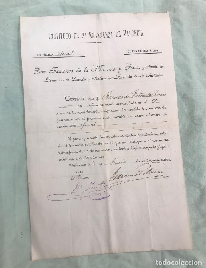 VALENCIA. Instituto de 2&ordf; ense&ntilde;anza 1900.Certificado notas de Gimnasia