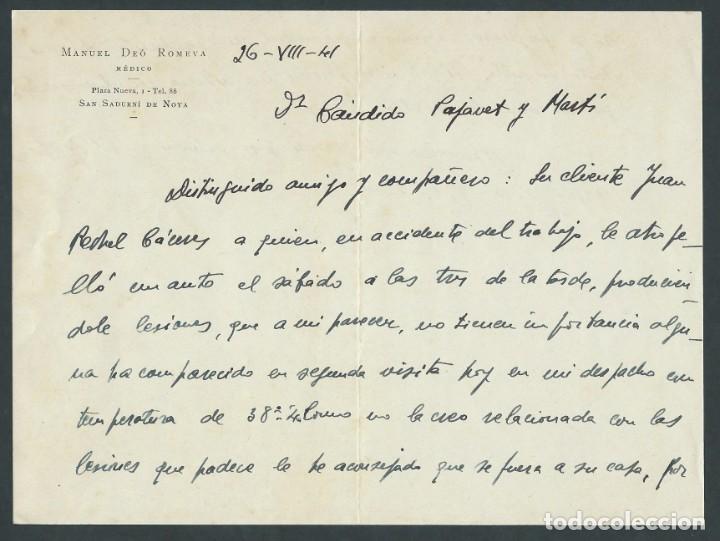 Documentos antiguos: carta dr. Manuel Deo Romeva medico a&ntilde;o 1941 doctor Barcelona Sant sadurni de Noya