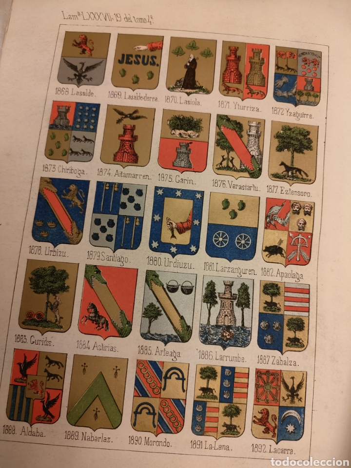 Documentos antiguos: Lamina her&aacute;ldica y escudo de distintas familias y apellidos siglo XIX 20x30