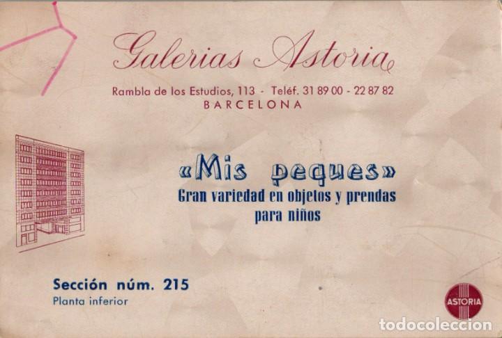Documentos antiguos: Tarjeta Comercial - Mis Peques - Galer&iacute;as Astoria - Rambla de los Estudios - Barcelona - 137x92mm.