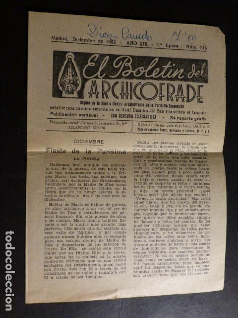 Old Documents: ARCHICOFRADIA SAN FRANCISCO EL GRANDE BOLETIN MADRID 1952
