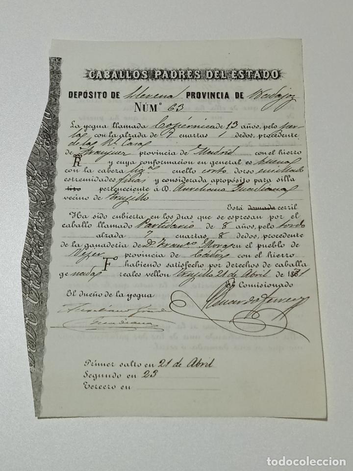 Alte Dokumente: TRUJILLO, CACERES 1871. FICHA APAREAMIENTO CABALLOS Y NACIMIENTO CRIA DEPOSITO LLERENA, BADAJOZ