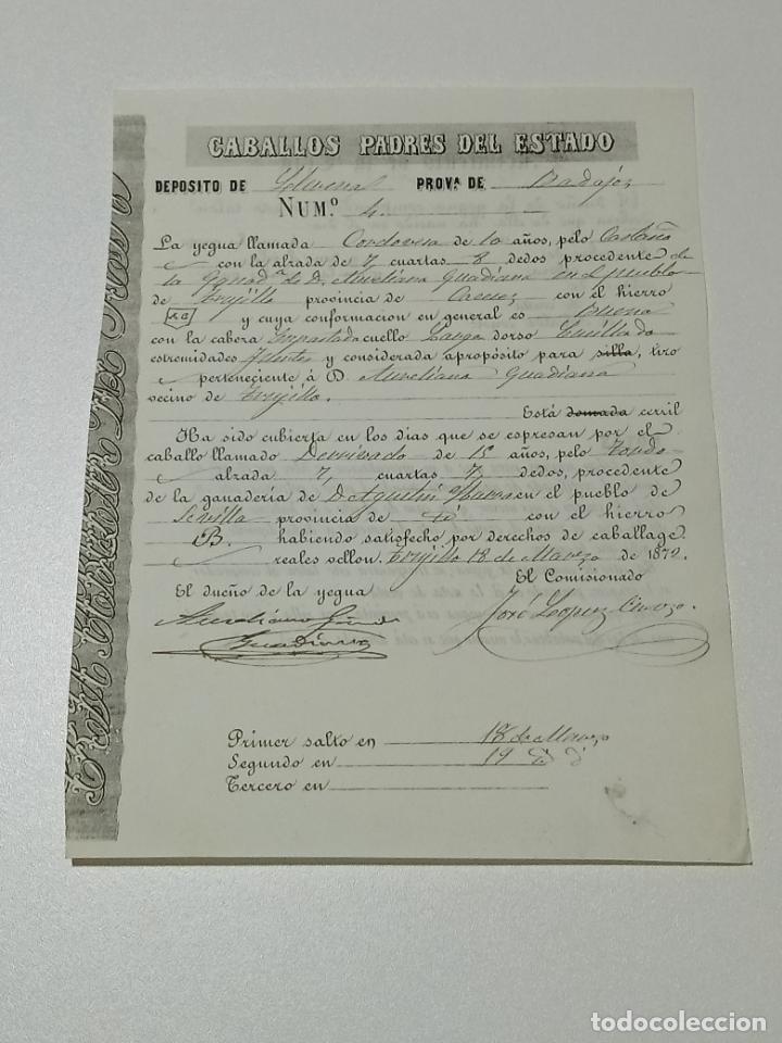 Alte Dokumente: TRUJILLO, CACERES 1872. FICHA APAREAMIENTO CABALLOS Y NACIMIENTO CRIA DEPOSITO LLERENA, BADAJOZ