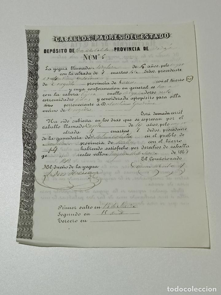Alte Dokumente: TRUJILLO, CACERES 1867. FICHA APAREAMIENTO CABALLOS Y NACIMIENTO CRIA DEPOSITO JEREZ CABALLEROS